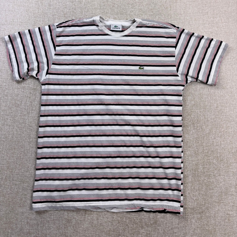 Lacoste Mens Striped Short Sleeve T-Shirt White Black Red Size 10 Fits Medium